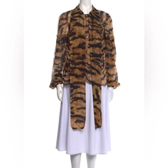 Dolce & Gabbana Sheer Silk Tiger-Print Bow Chiffon Blouse (Size Approx S) RARE - Picture 2 of 11